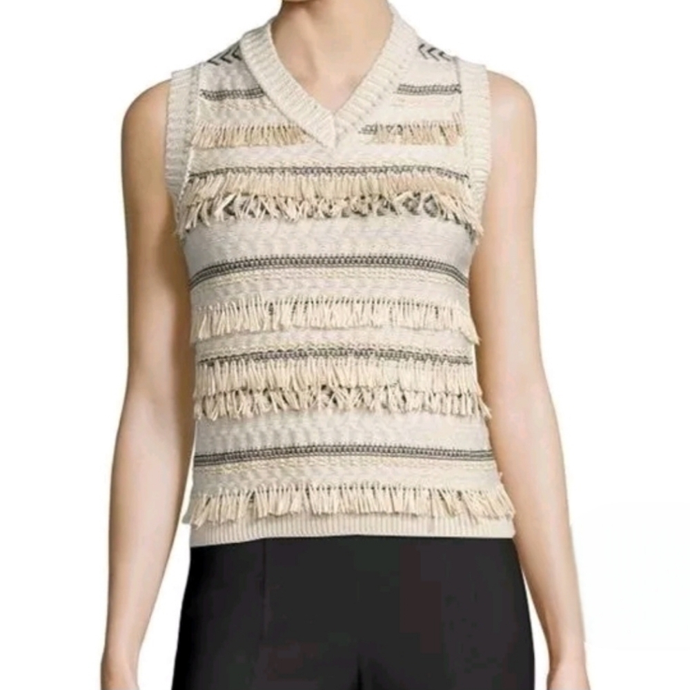 Tory Burch Women's Jacquard Cream Fringe Wool Preppy Clueless Sweater Vest Sz S